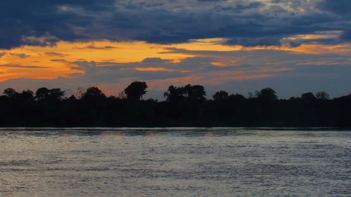 Coucher de soleil sur le fleuve Amazone et la forêt en Amazonie colombienne